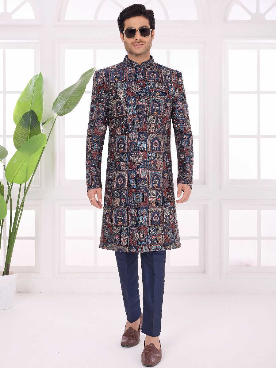 Navy blue Art silk Embroidered Computer Thread work Wedding Party Festival Groom Sherwani