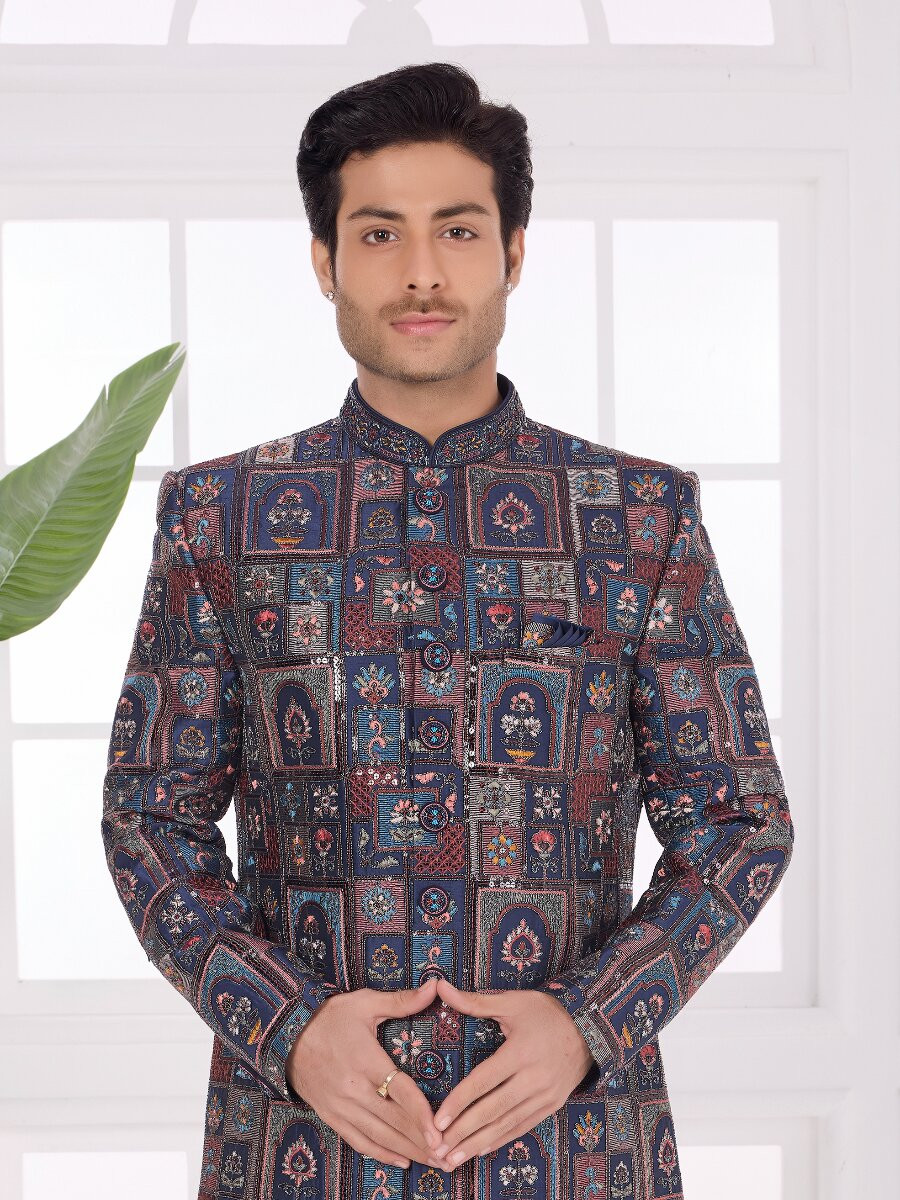 Navy blue Art silk Embroidered Computer Thread work Wedding Party Festival Groom Sherwani