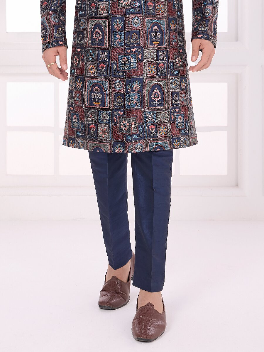 Navy blue Art silk Embroidered Computer Thread work Wedding Party Festival Groom Sherwani