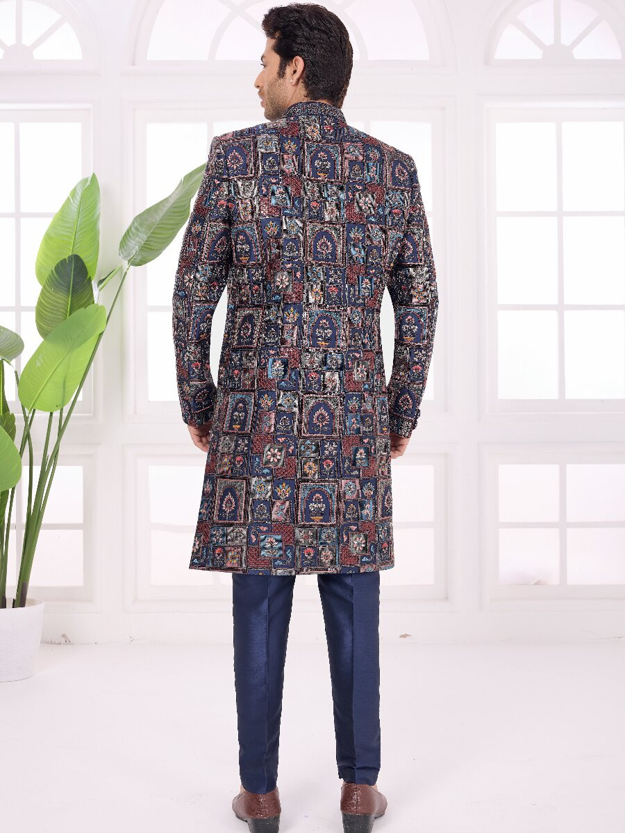 Navy blue Art silk Embroidered Computer Thread work Wedding Party Festival Groom Sherwani