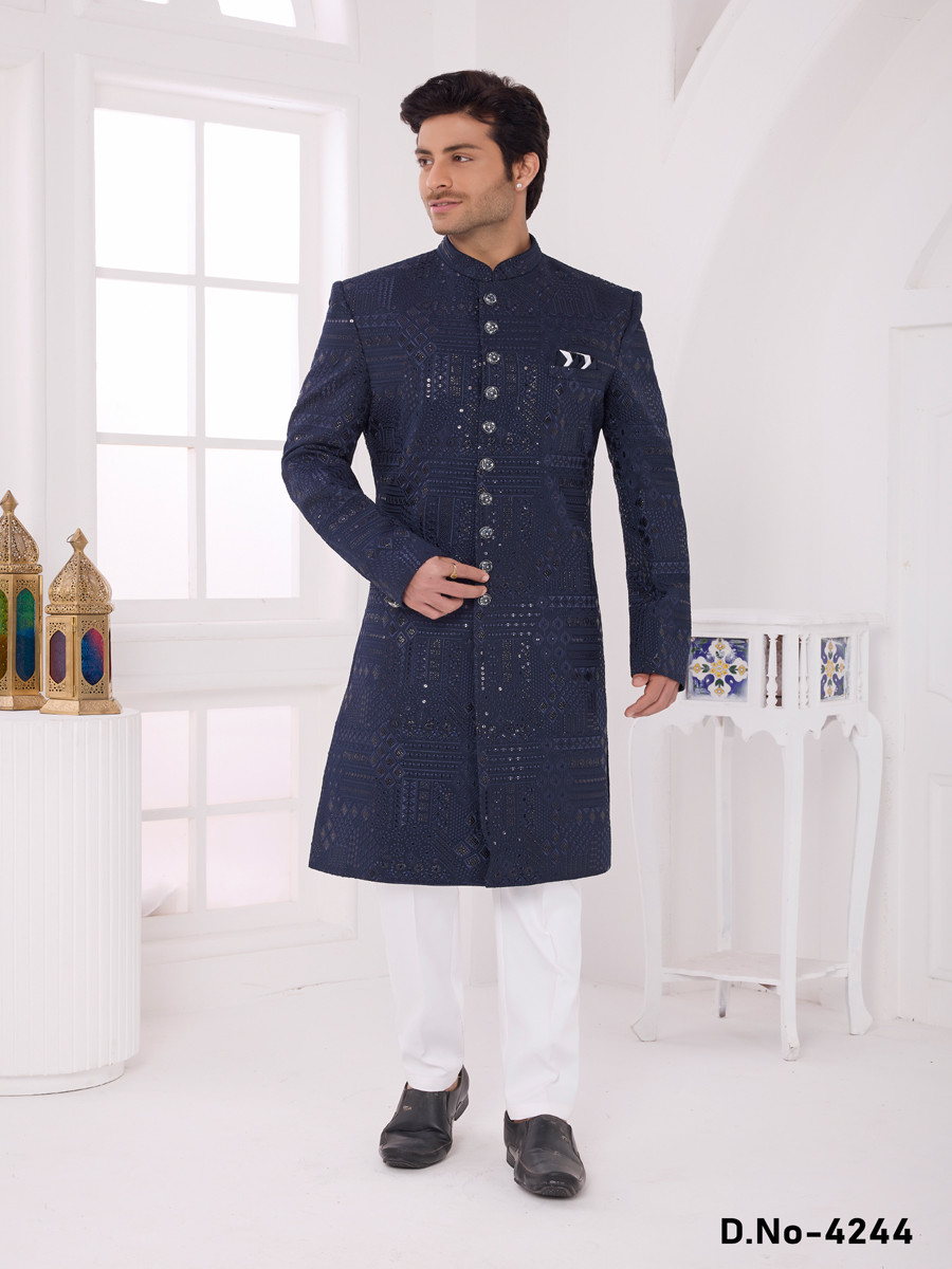 Navy blue Art silk Embroidered Computer Thread work Wedding Party Festival Groom Sherwani