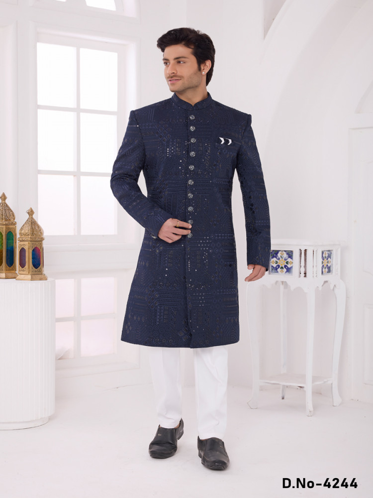 Image of Navy blue Art silk Embroidered Computer Thread work Wedding Party Festival Groom Sherwani