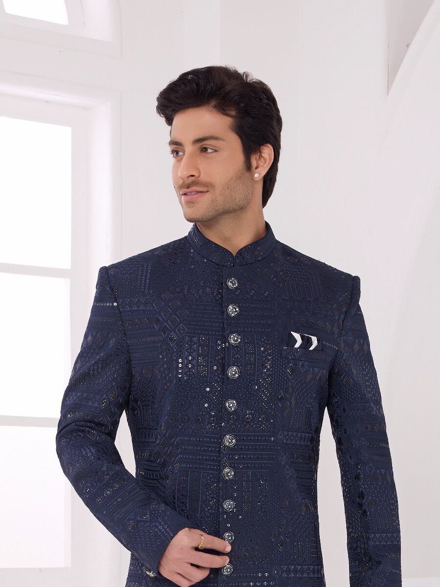 Navy blue Art silk Embroidered Computer Thread work Wedding Party Festival Groom Sherwani