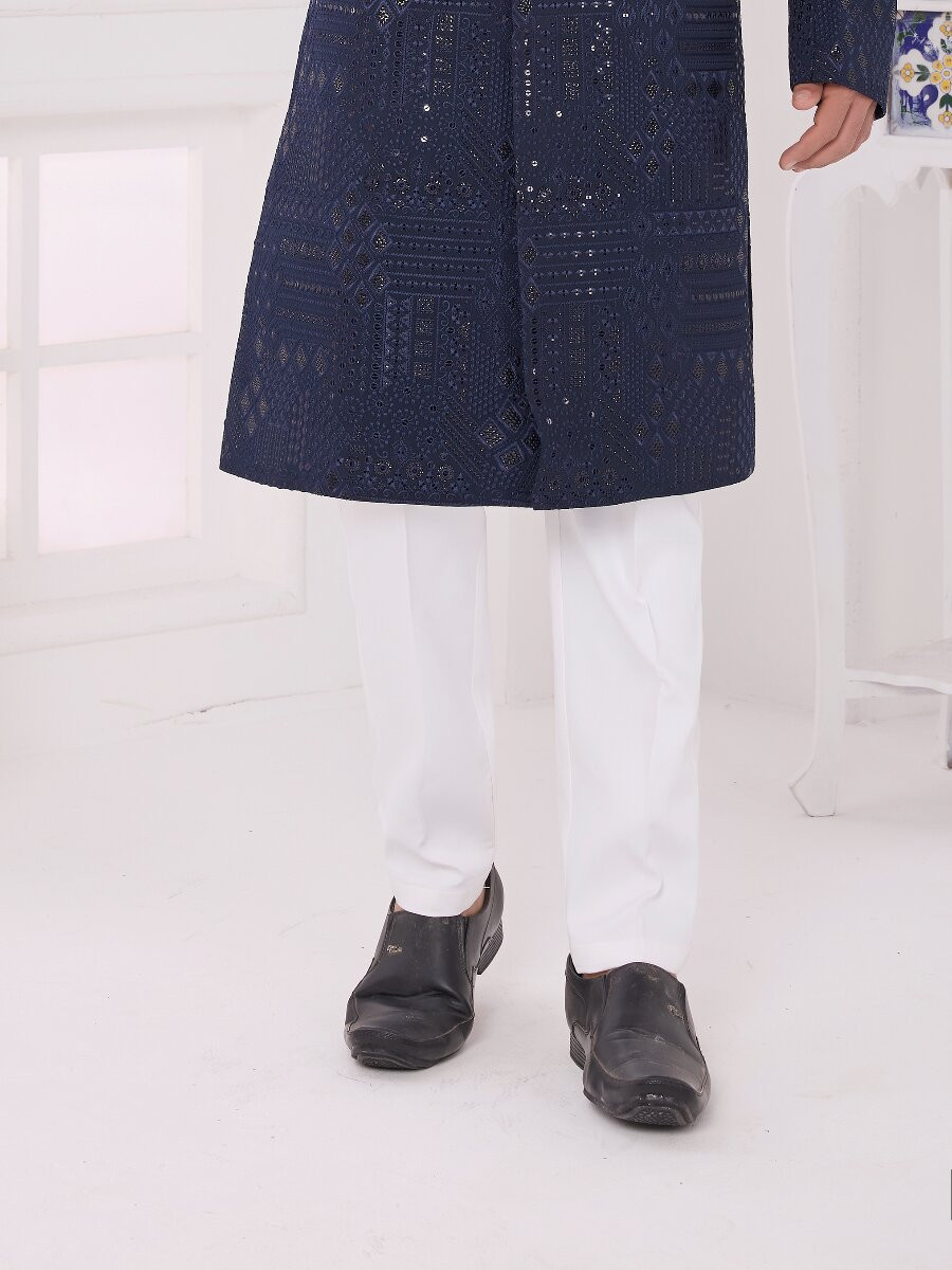 Navy blue Art silk Embroidered Computer Thread work Wedding Party Festival Groom Sherwani