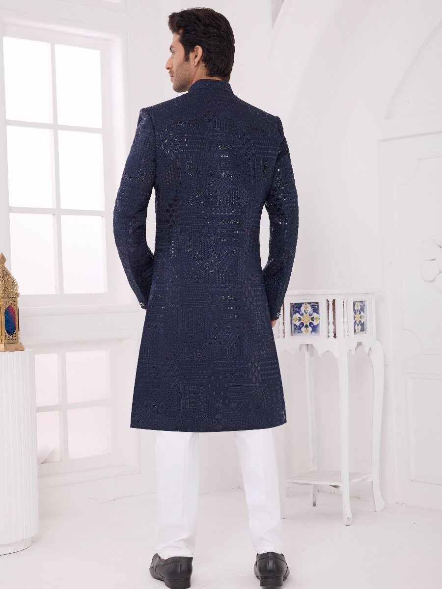 Navy blue Art silk Embroidered Computer Thread work Wedding Party Festival Groom Sherwani