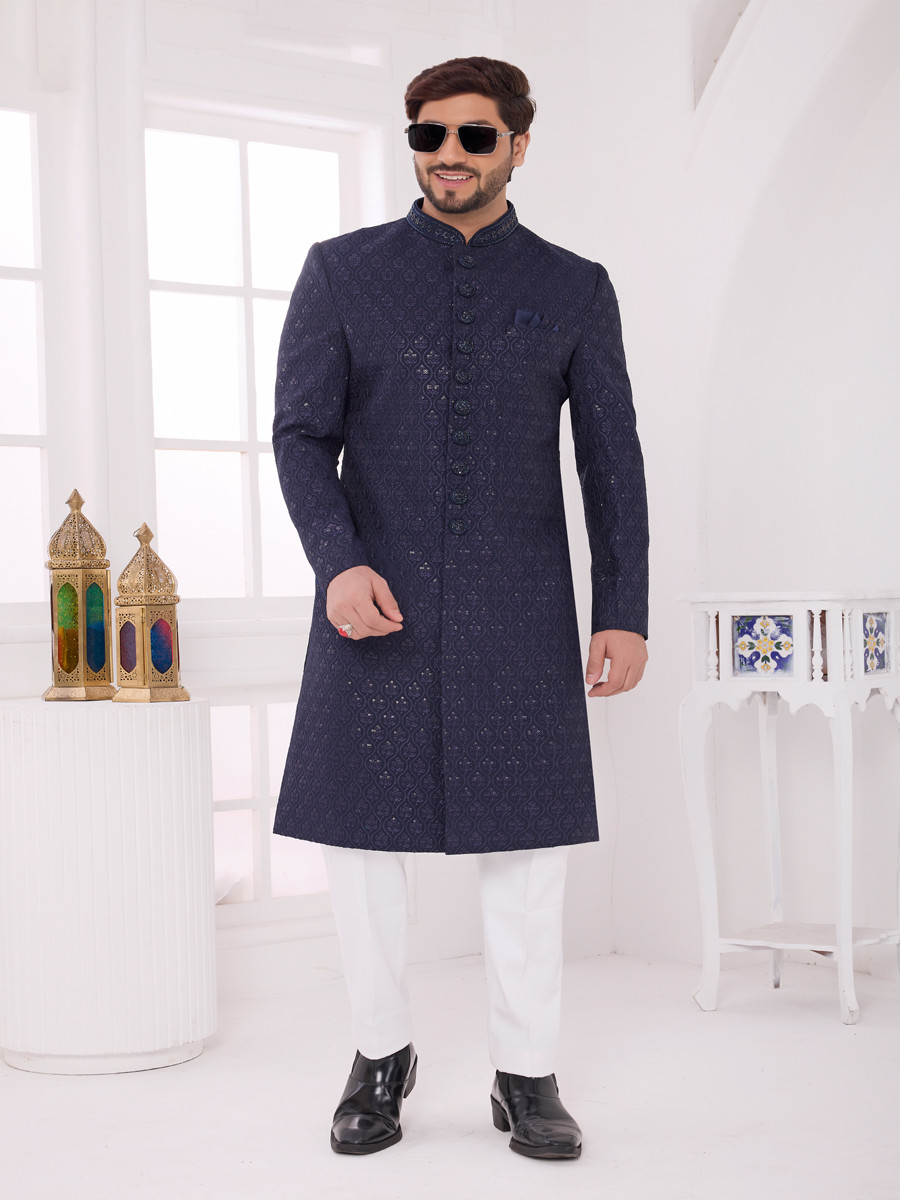 Navy blue Art silk Embroidered Computer Thread work Wedding Party Festival Groom Sherwani