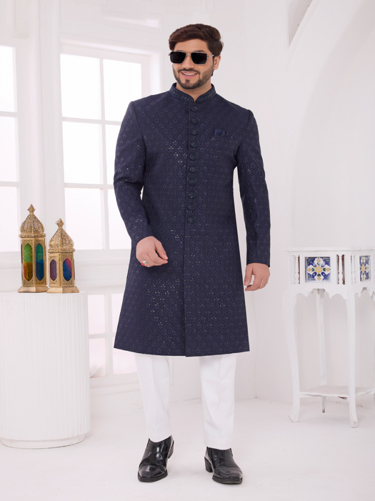 Image of Navy blue Art silk Embroidered Computer Thread work Wedding Party Festival Groom Sherwani