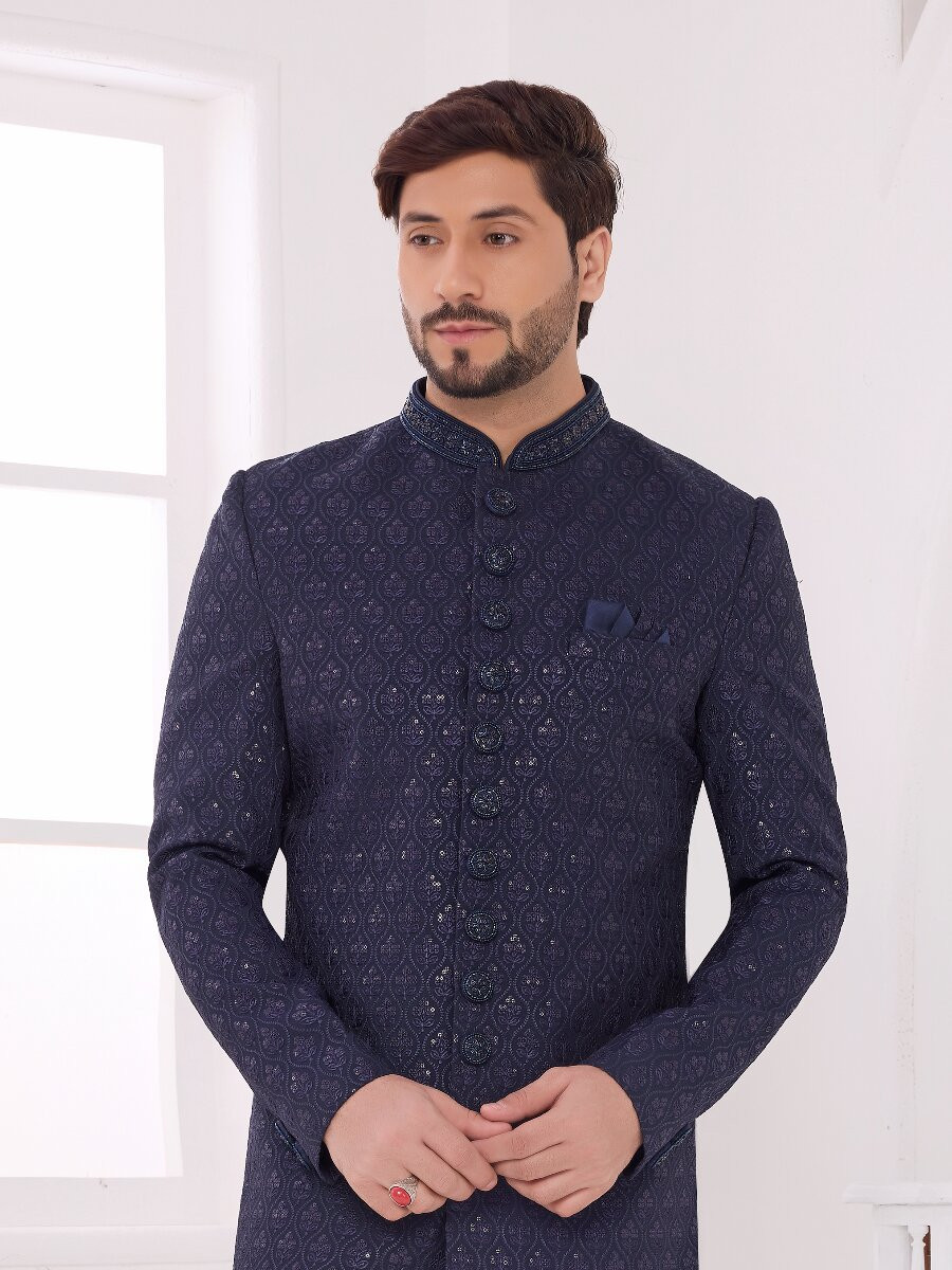 Navy blue Art silk Embroidered Computer Thread work Wedding Party Festival Groom Sherwani