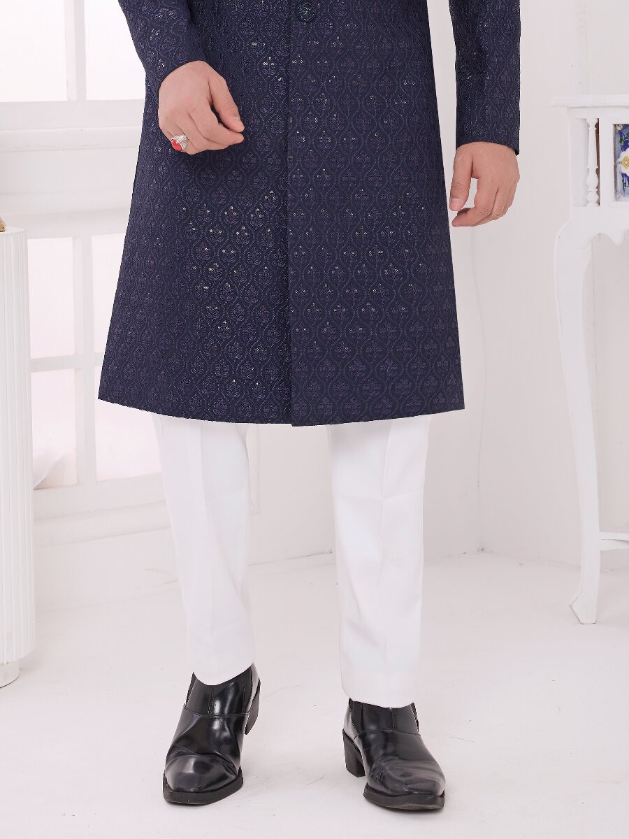 Navy blue Art silk Embroidered Computer Thread work Wedding Party Festival Groom Sherwani