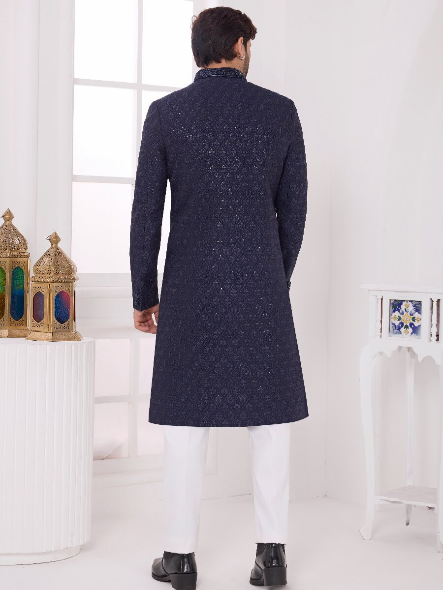 Navy blue Art silk Embroidered Computer Thread work Wedding Party Festival Groom Sherwani