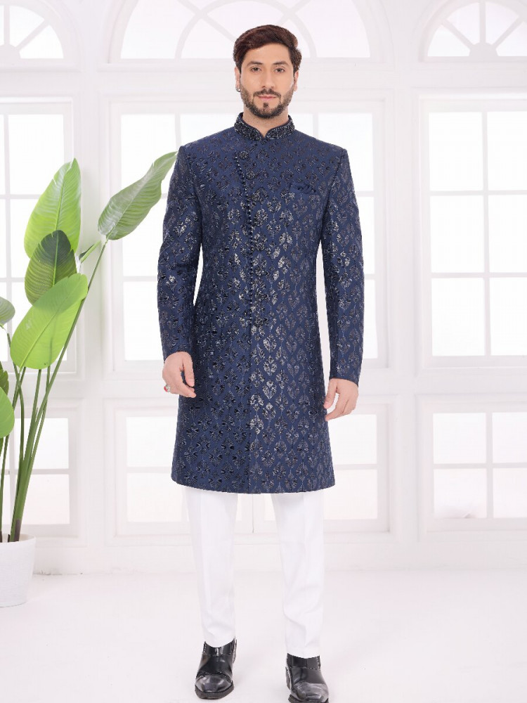 Image of Navy blue Art silk Embroidered Computer Thread work Wedding Party Festival Groom Sherwani