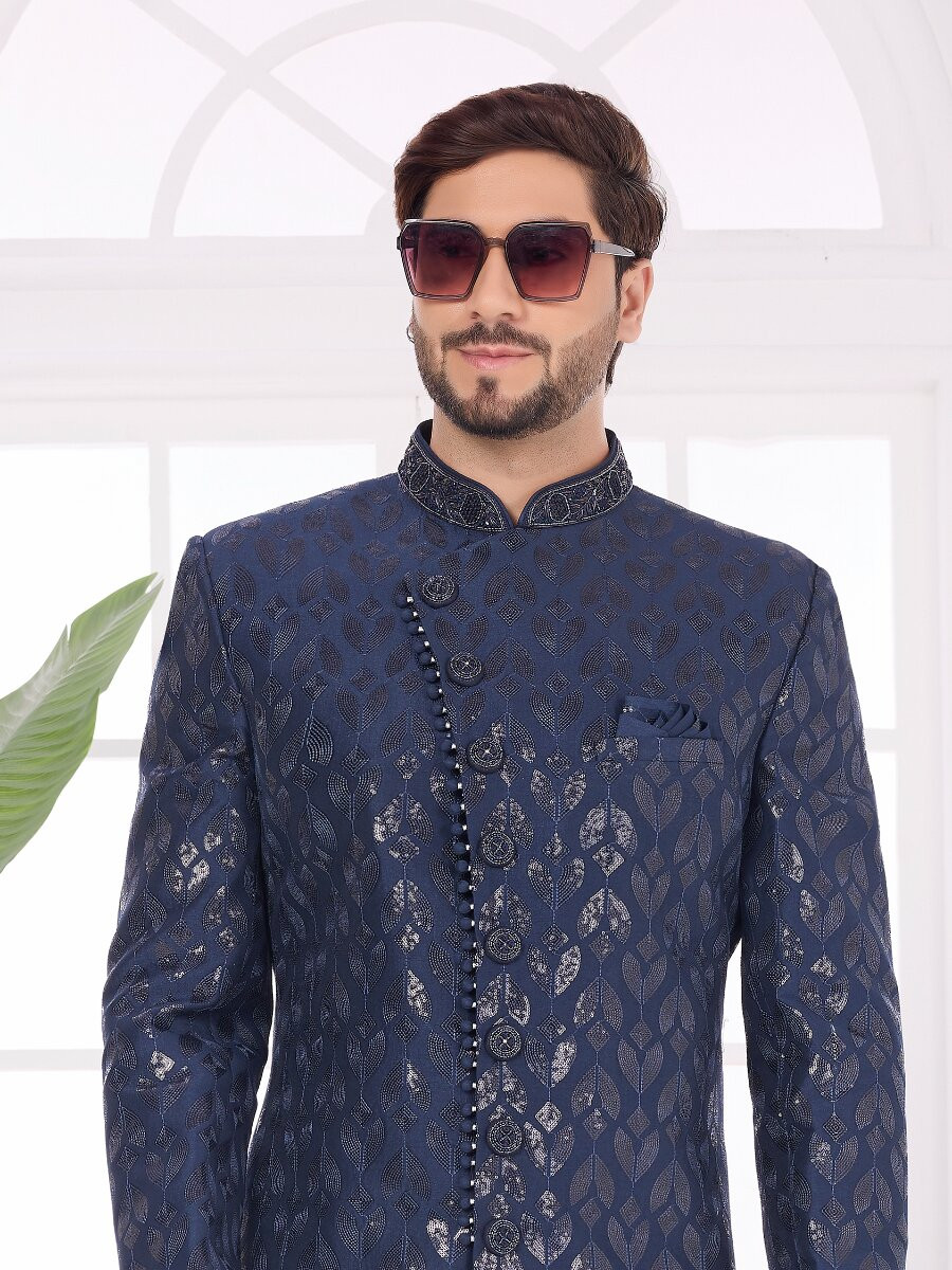 Navy blue Art silk Embroidered Computer Thread work Wedding Party Festival Groom Sherwani