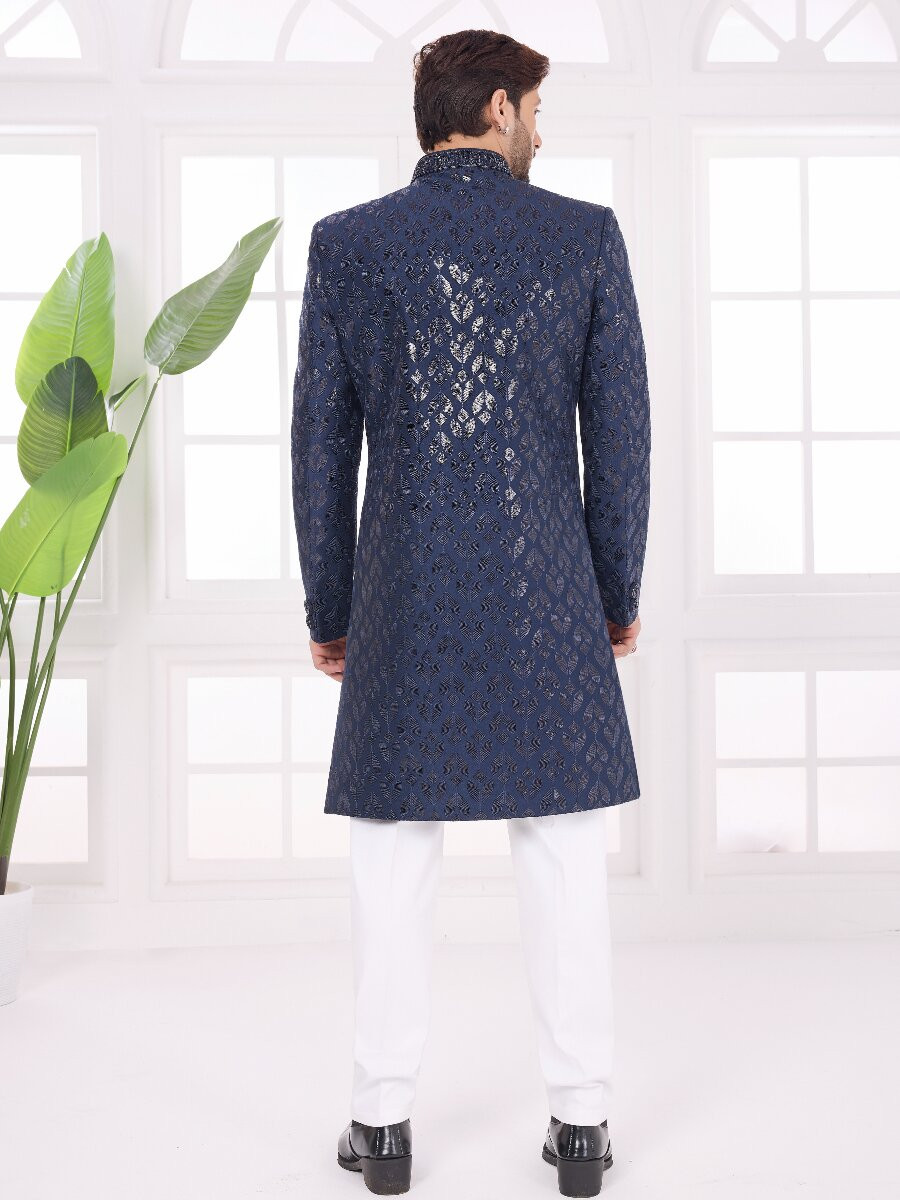 Navy blue Art silk Embroidered Computer Thread work Wedding Party Festival Groom Sherwani