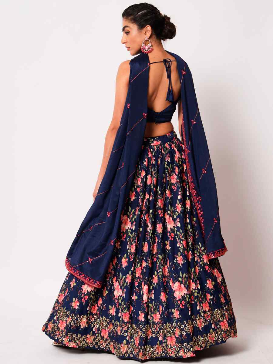 Navy Blue Art Silk Embroidered Festival Mehendi Circular Lehenga Choli