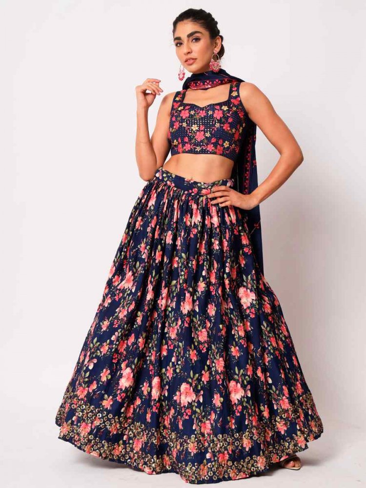 Navy Blue Art Silk Embroidered Festival Mehendi Circular Lehenga Choli