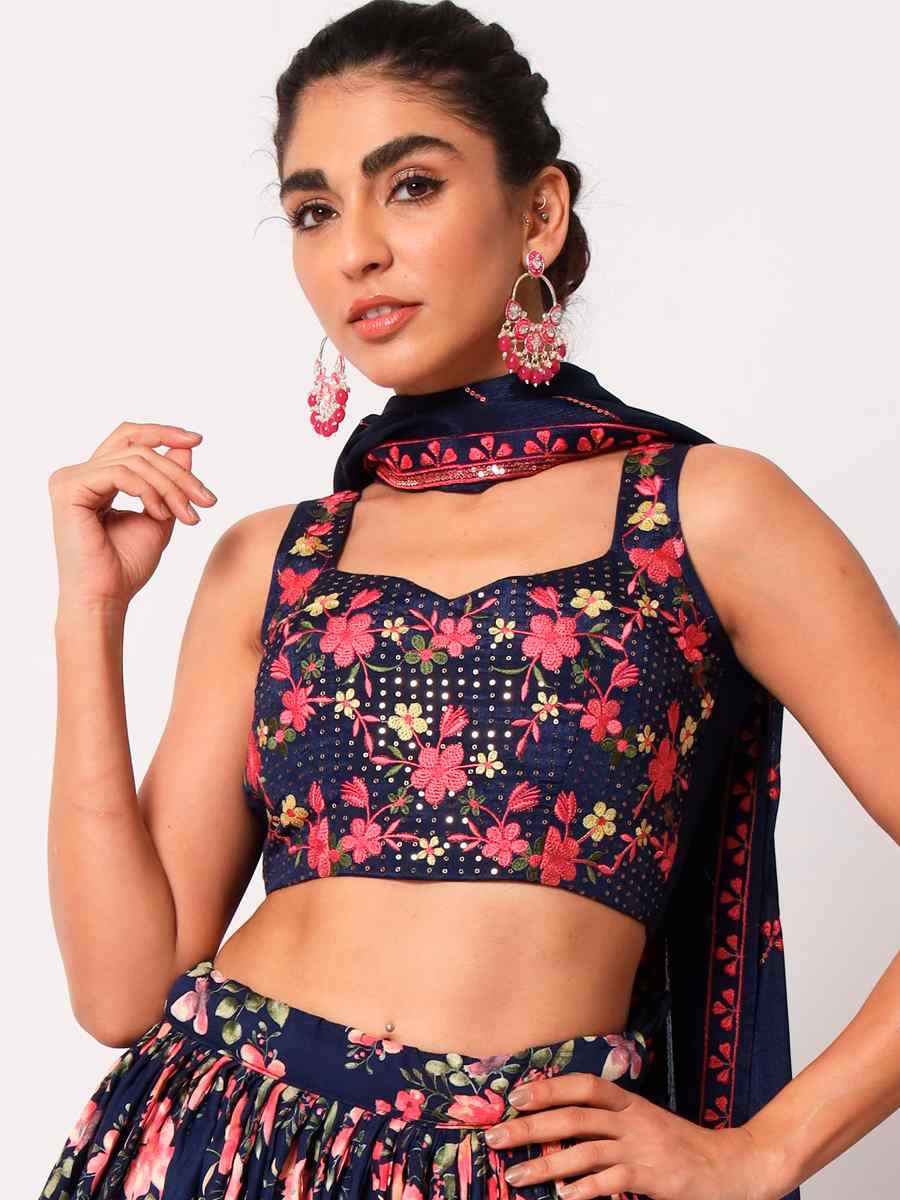 Navy Blue Art Silk Embroidered Festival Mehendi Circular Lehenga Choli