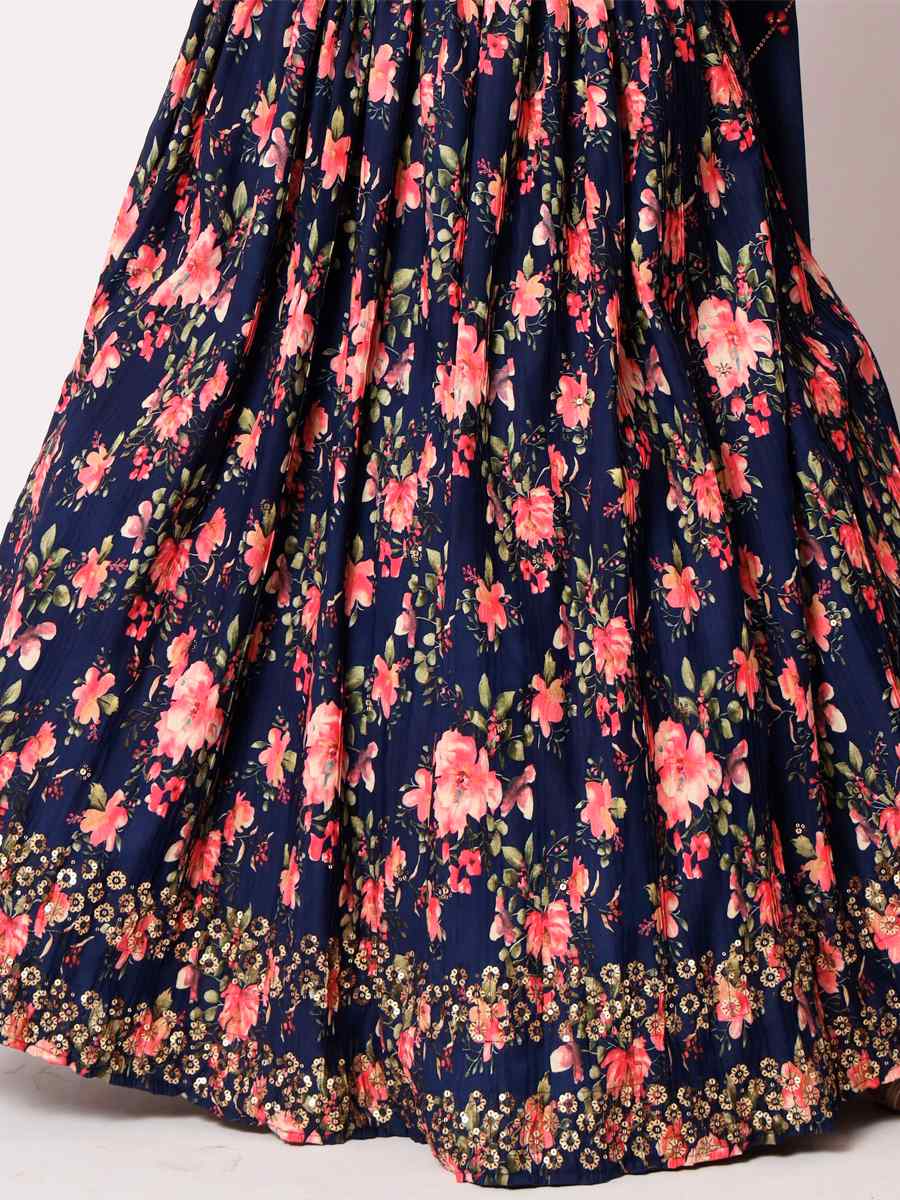 Navy Blue Art Silk Embroidered Festival Mehendi Circular Lehenga Choli