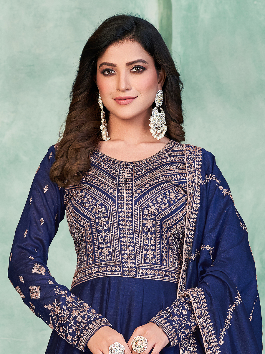 Navy Blue Art Silk Embroidered Festival Wedding Anarkali Salwar Kameez