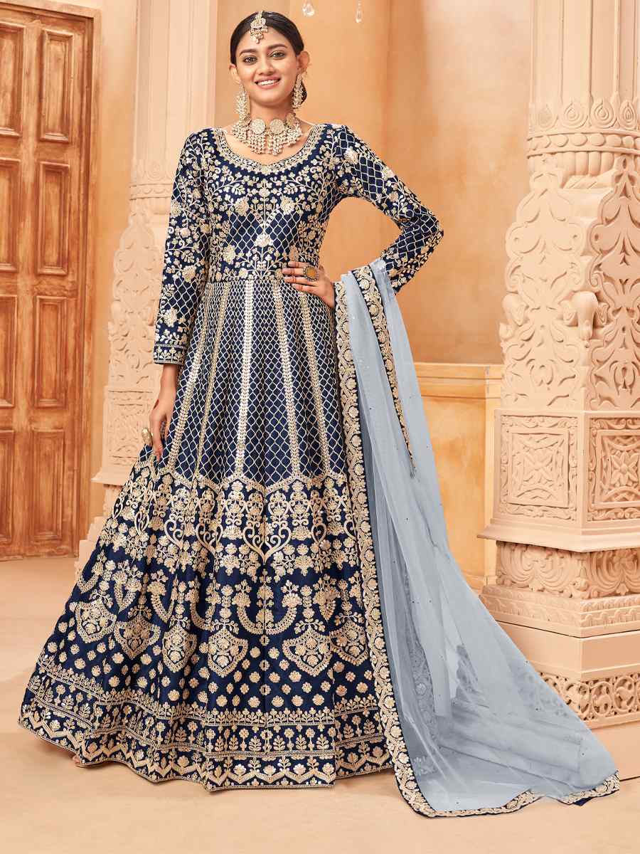 Navy Blue Art Silk Embroidered Festival Wedding Anarkali Salwar Kameez