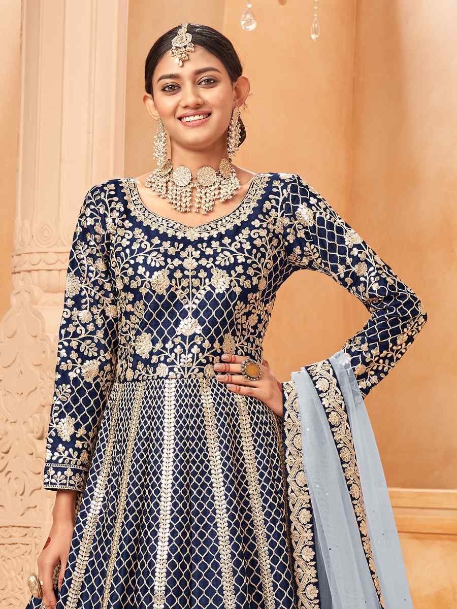 Navy Blue Art Silk Embroidered Festival Wedding Anarkali Salwar Kameez