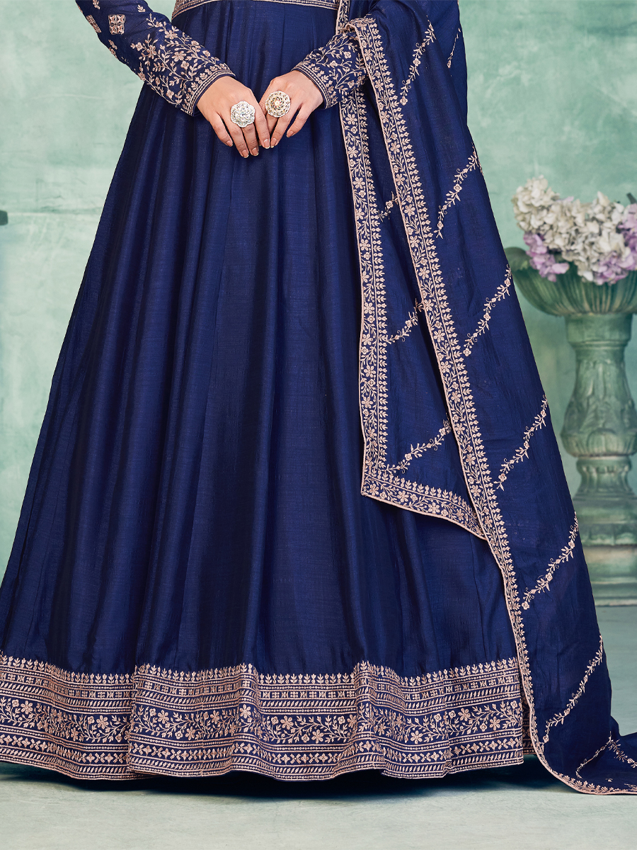 Navy Blue Art Silk Embroidered Festival Wedding Anarkali Salwar Kameez