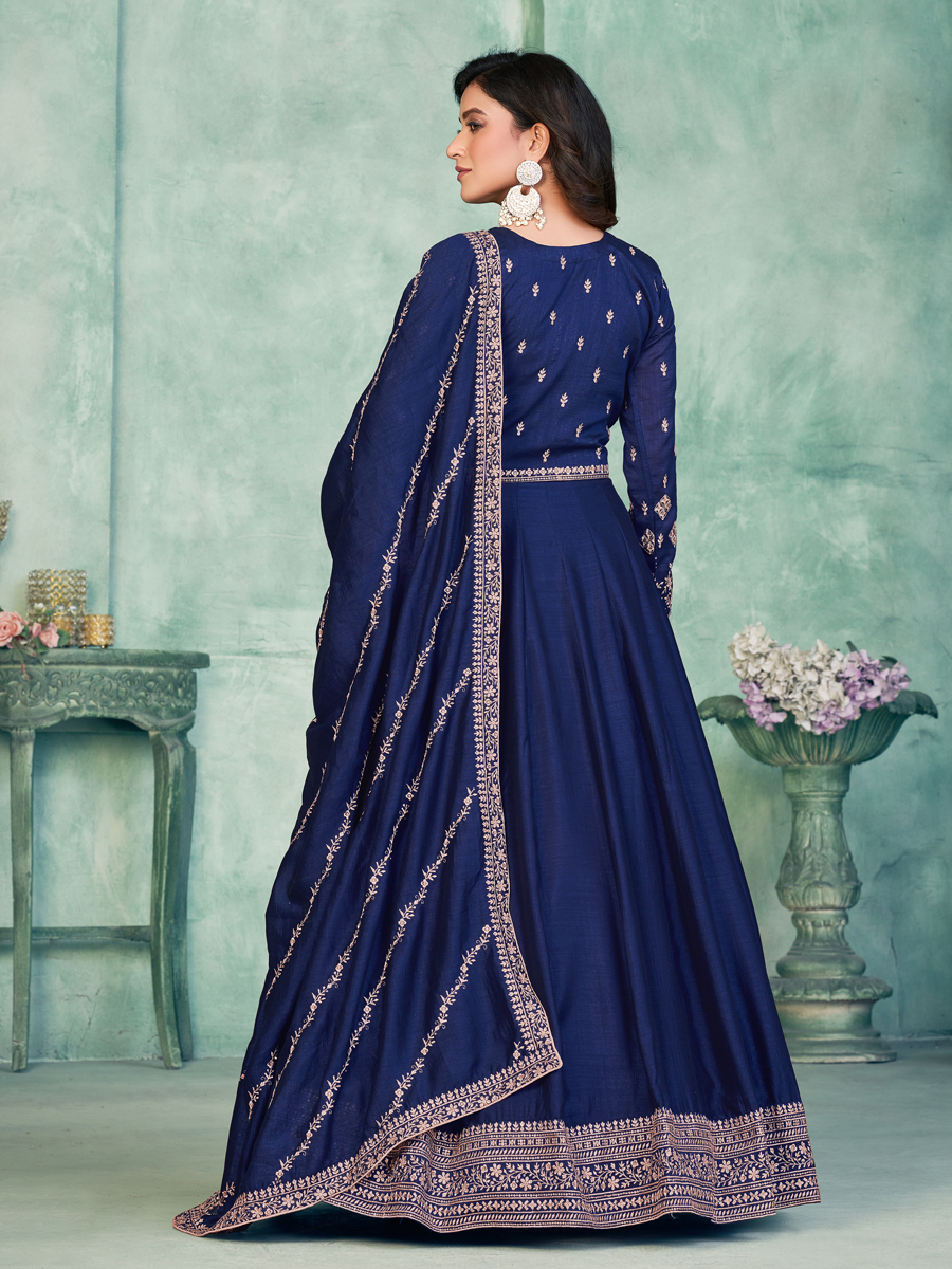 Navy Blue Art Silk Embroidered Festival Wedding Anarkali Salwar Kameez