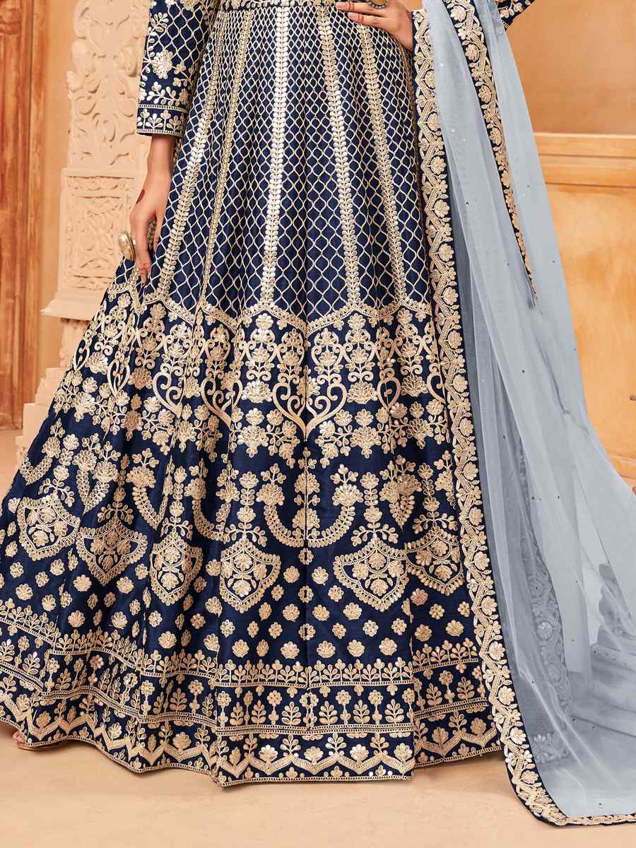 Navy Blue Art Silk Embroidered Festival Wedding Anarkali Salwar Kameez