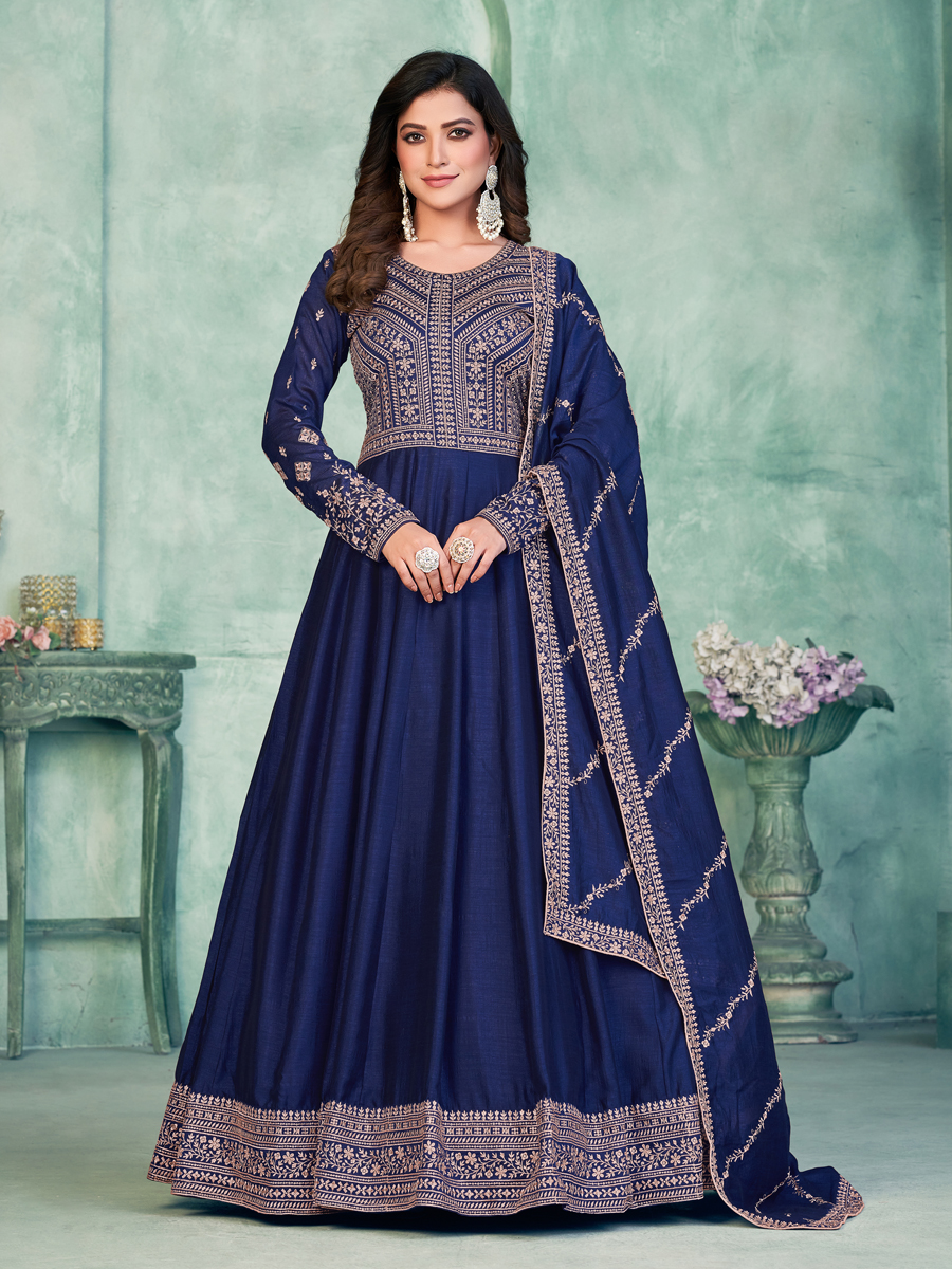 Navy Blue Art Silk Embroidered Festival Wedding Anarkali Salwar Kameez