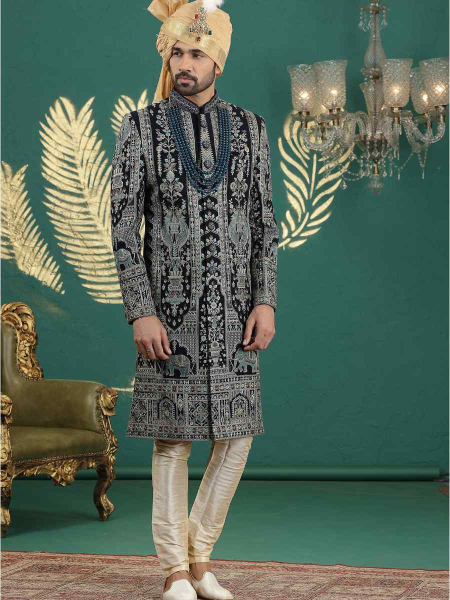 Navy Blue Art Silk Embroidered Festival Wedding Mens Sherwani