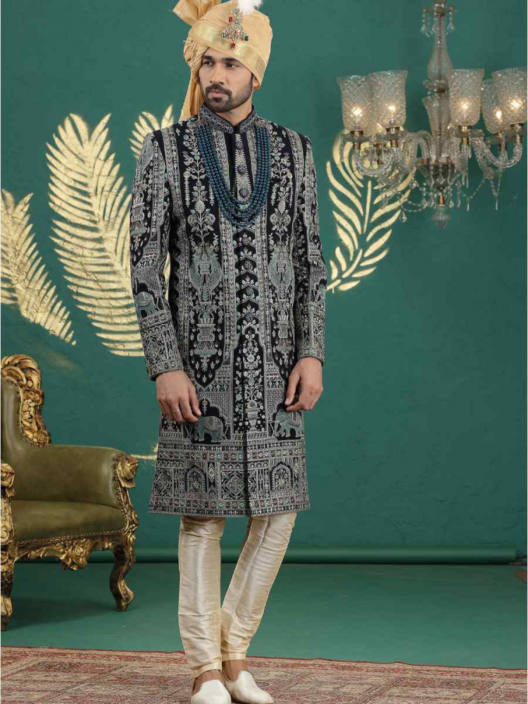 Image of Navy Blue Art Silk Embroidered Festival Wedding Mens Sherwani