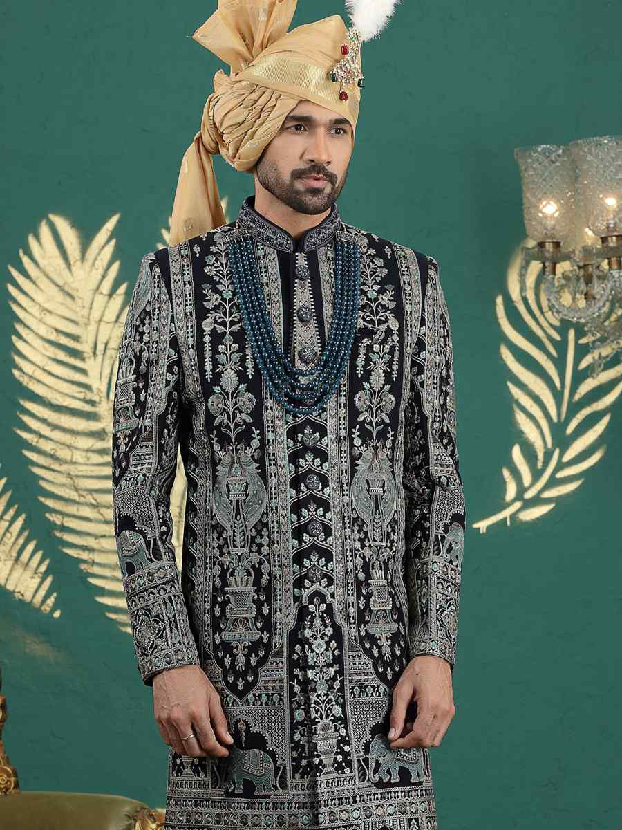 Navy Blue Art Silk Embroidered Festival Wedding Mens Sherwani