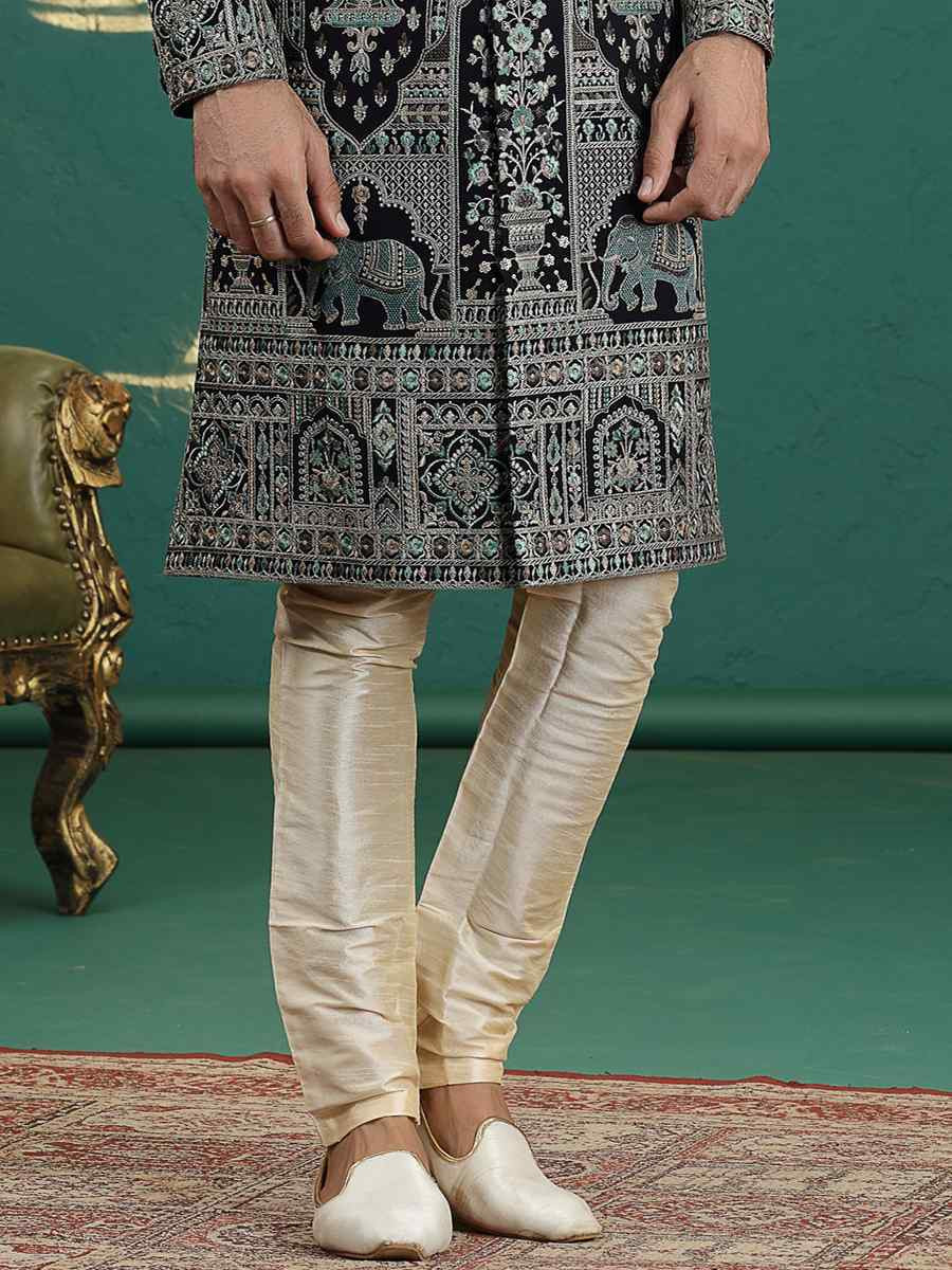 Navy Blue Art Silk Embroidered Festival Wedding Mens Sherwani