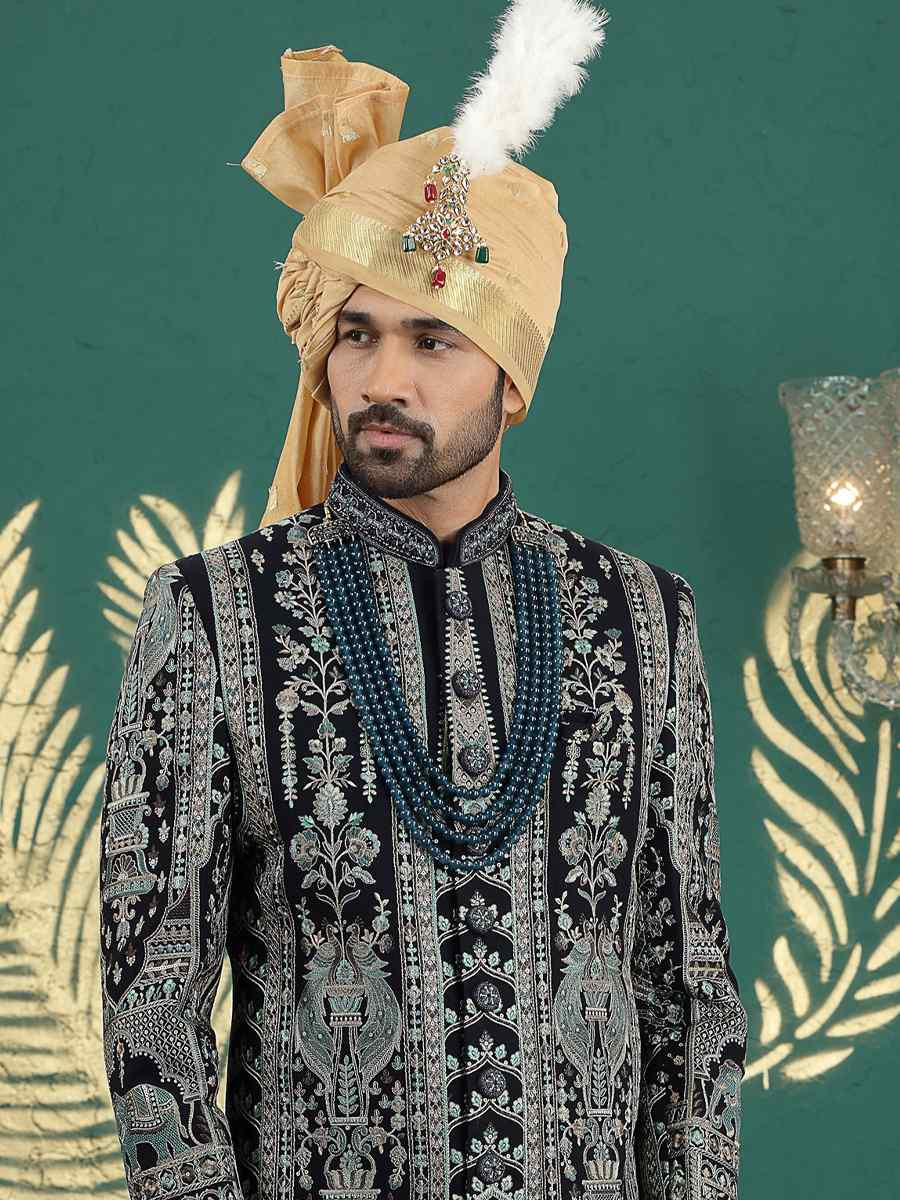 Navy Blue Art Silk Embroidered Festival Wedding Mens Sherwani
