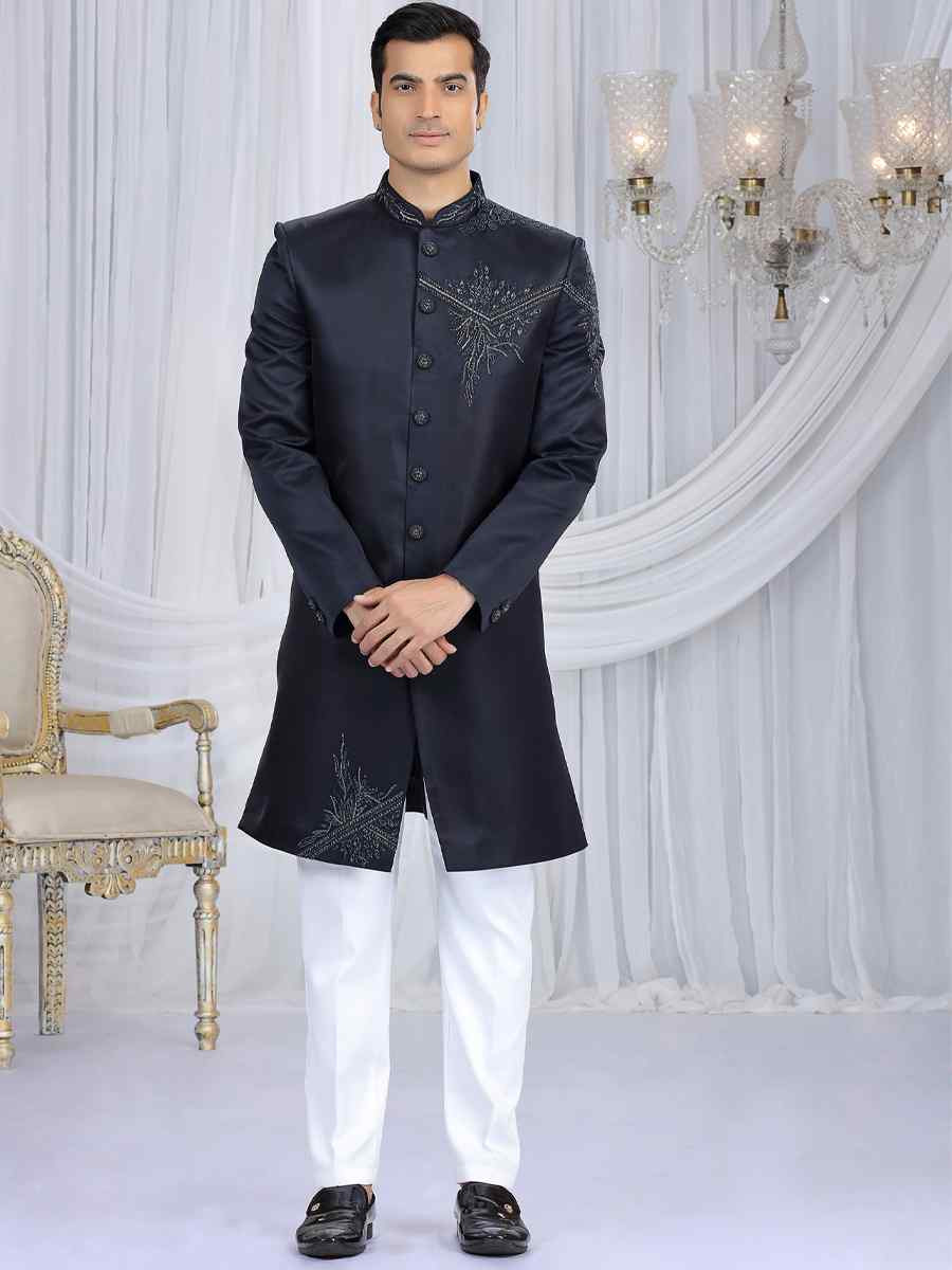 Navy Blue Art Silk Embroidered Festival Wedding Mens Sherwani