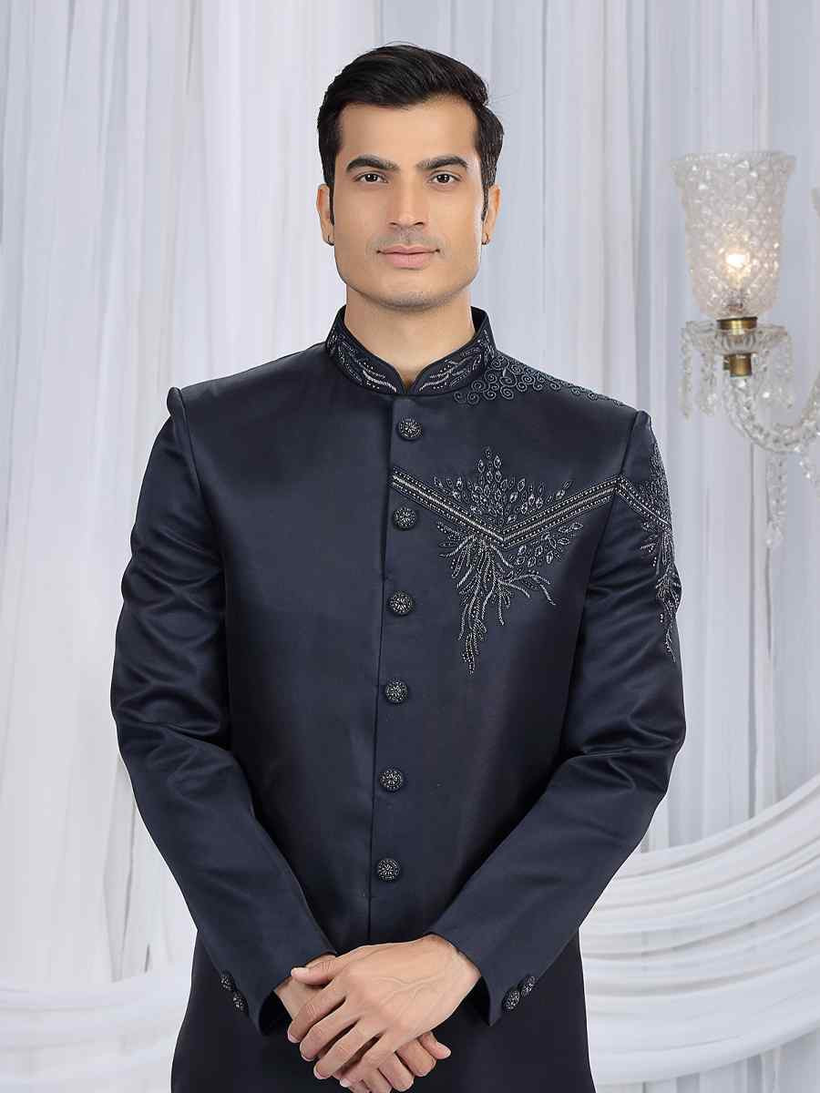 Navy Blue Art Silk Embroidered Festival Wedding Mens Sherwani