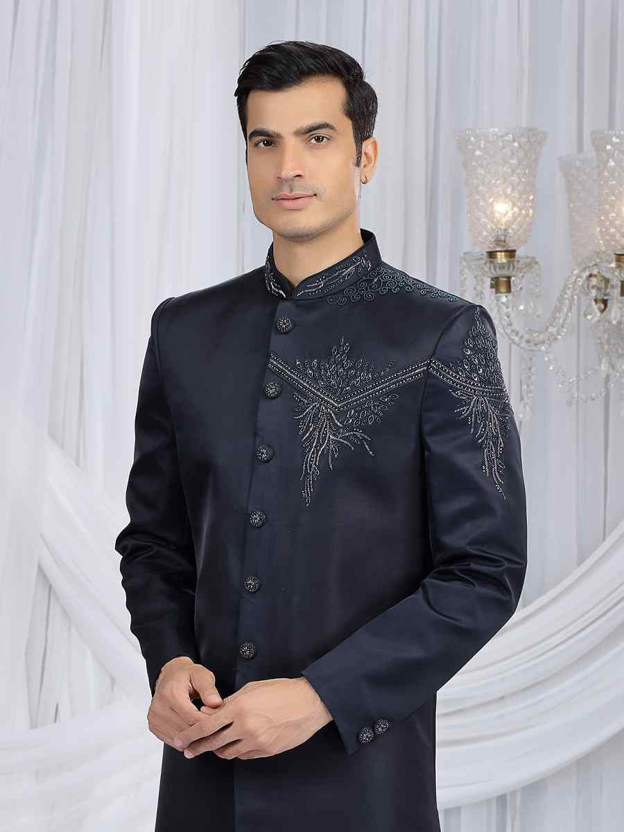 Navy Blue Art Silk Embroidered Festival Wedding Mens Sherwani