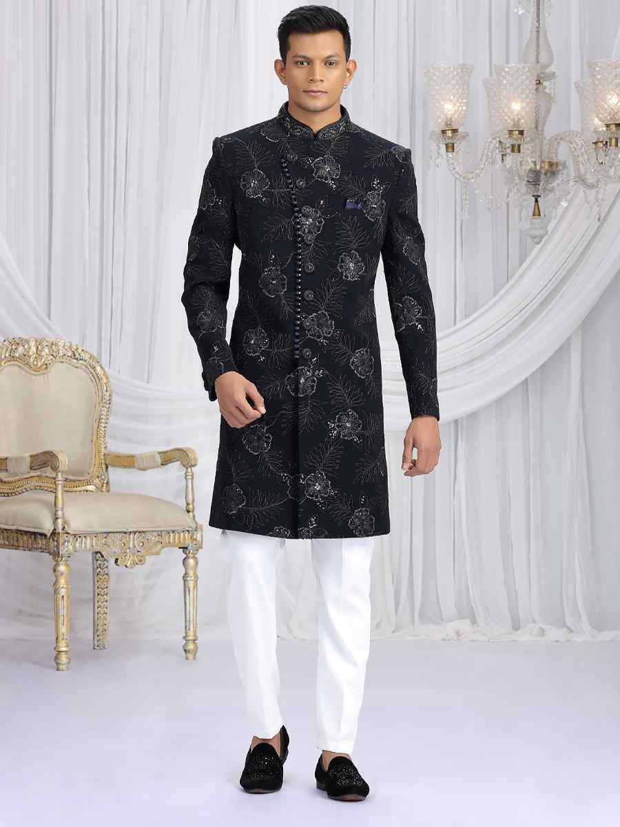 Navy Blue Art Silk Embroidered Festival Wedding Mens Sherwani