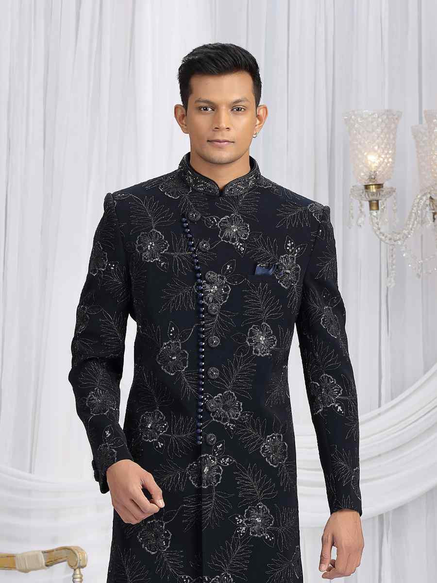 Navy Blue Art Silk Embroidered Festival Wedding Mens Sherwani