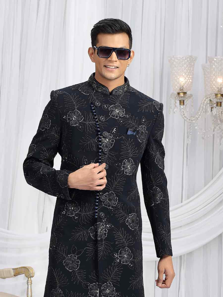 Navy Blue Art Silk Embroidered Festival Wedding Mens Sherwani