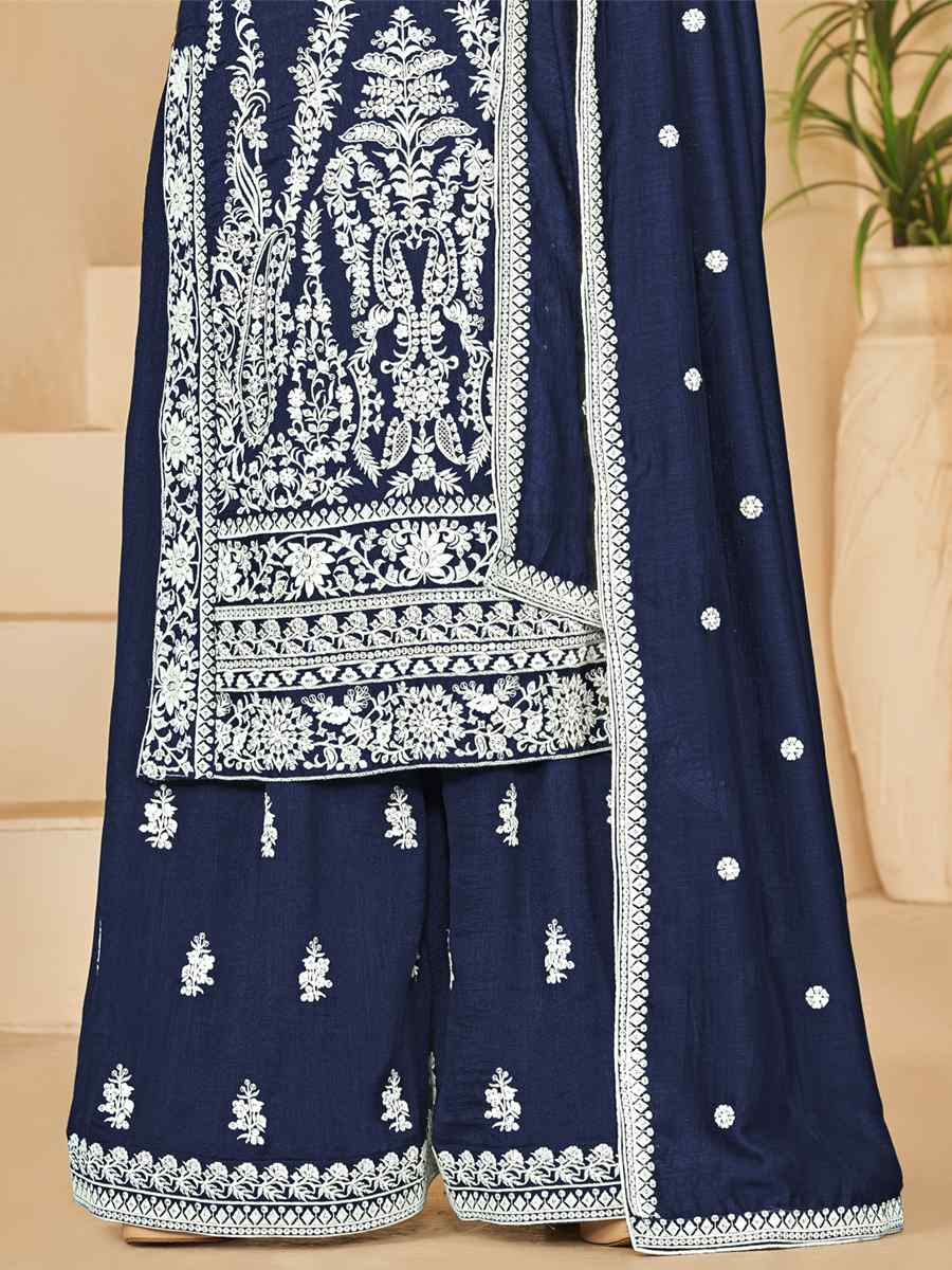 Navy Blue Art Silk Embroidered Festival Wedding Palazzo Pant Salwar Kameez