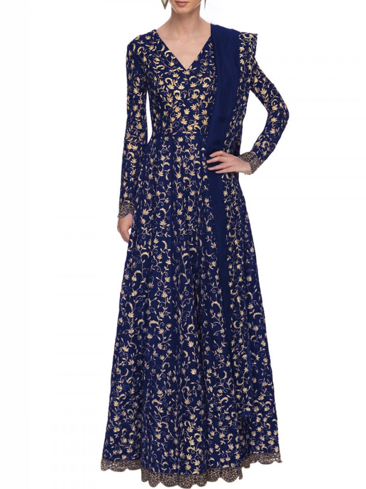 Navy Blue Art Silk Embroidered Party Gown