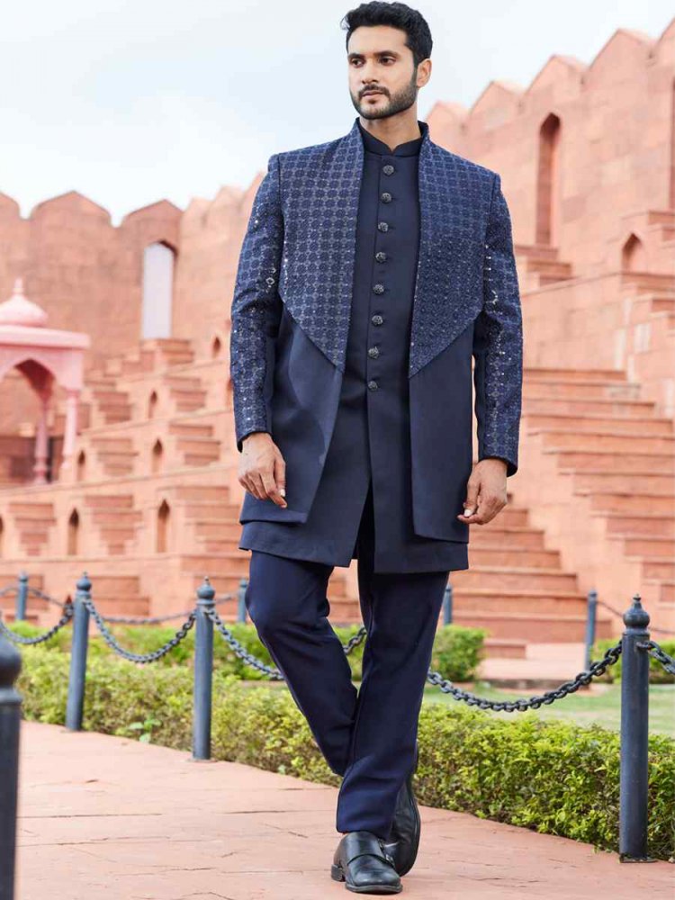 Navy Blue Art Silk Embroidered Wedding Party Sherwani