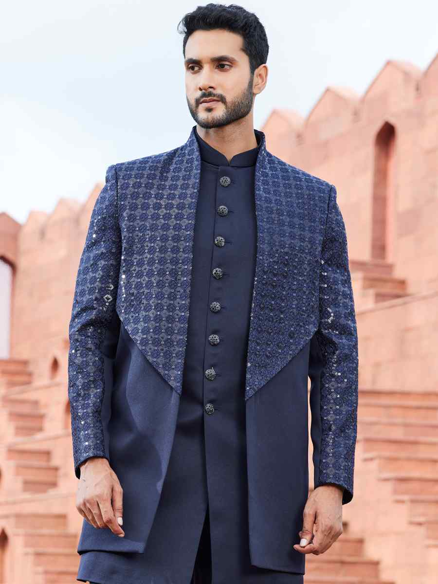 Navy Blue Art Silk Embroidered Wedding Party Sherwani