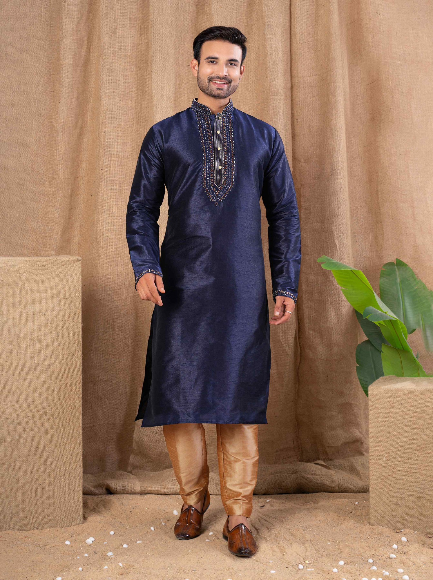 Navy Blue Art Silk Embroidery Festival Wedding Party Mens Kurta