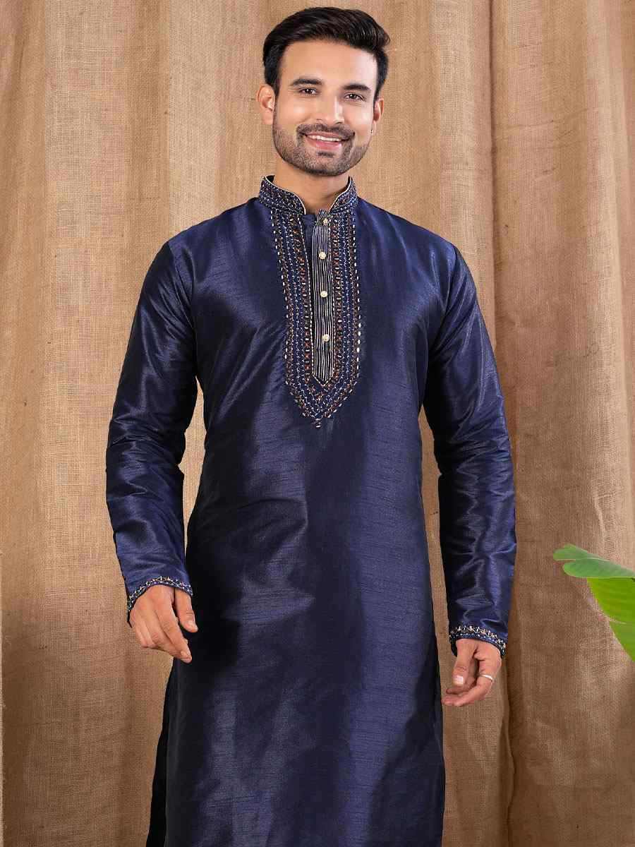 Navy Blue Art Silk Embroidery Festival Wedding Party Mens Kurta