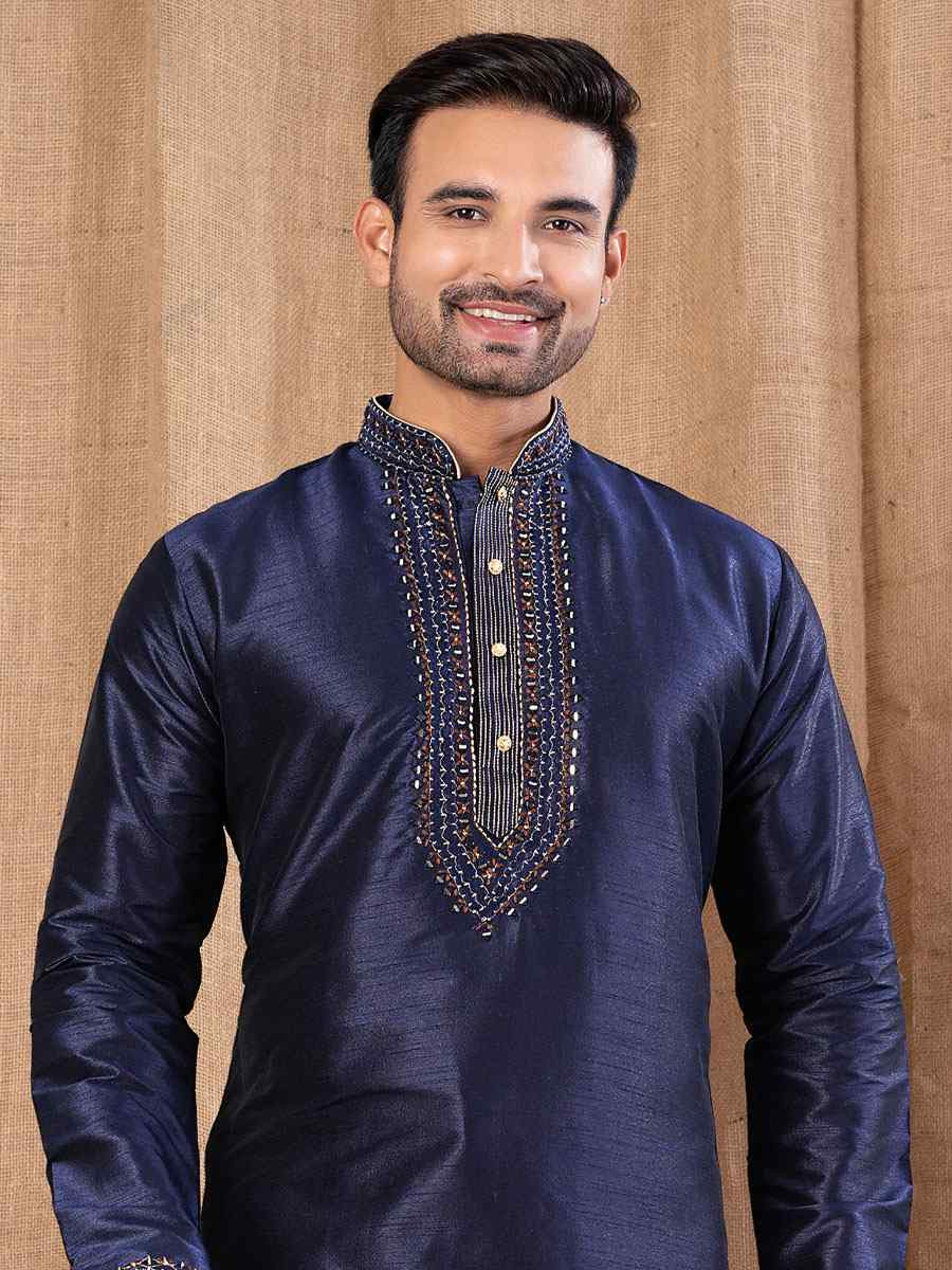 Navy Blue Art Silk Embroidery Festival Wedding Party Mens Kurta