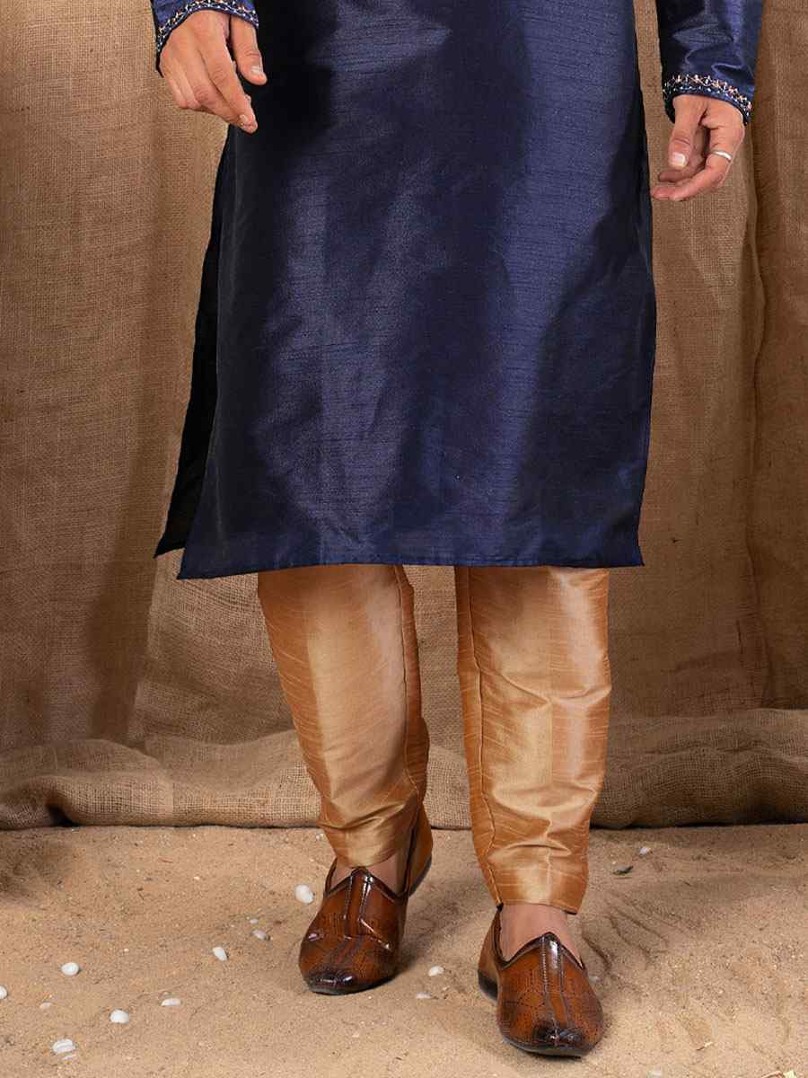 Navy Blue Art Silk Embroidery Festival Wedding Party Mens Kurta