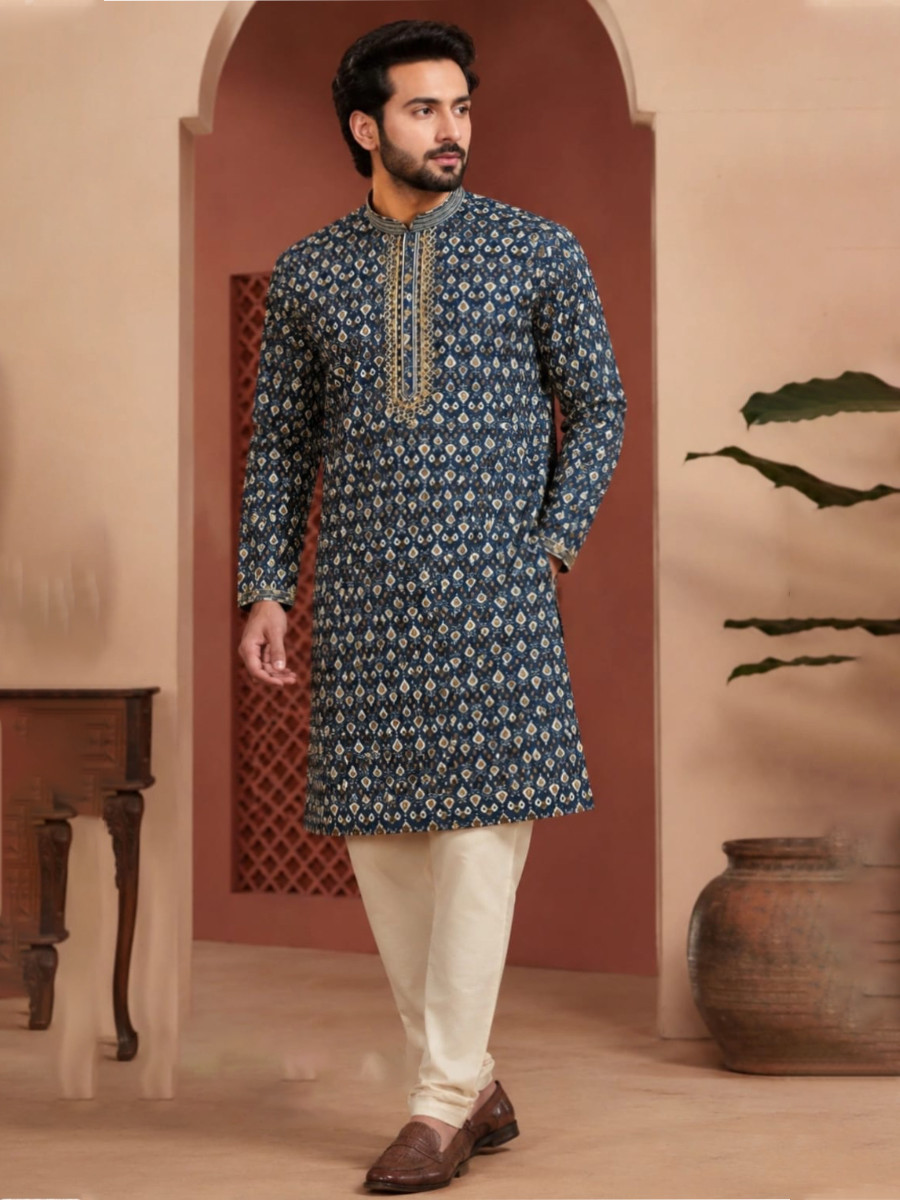 Navy blue Art Silk Embroidery Printed Wedding Party Festival Casual Mens Wear Kurta