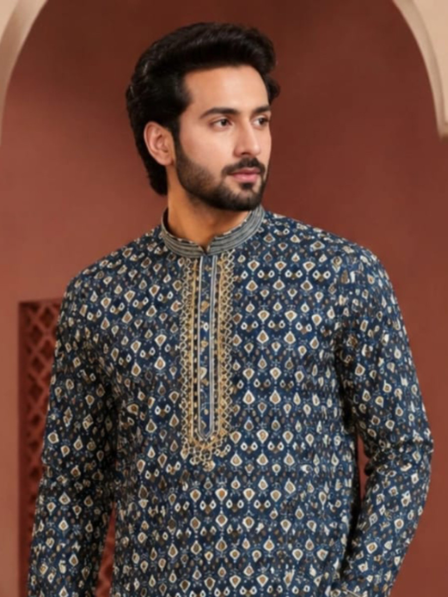 Navy blue Art Silk Embroidery Printed Wedding Party Festival Casual Mens Wear Kurta