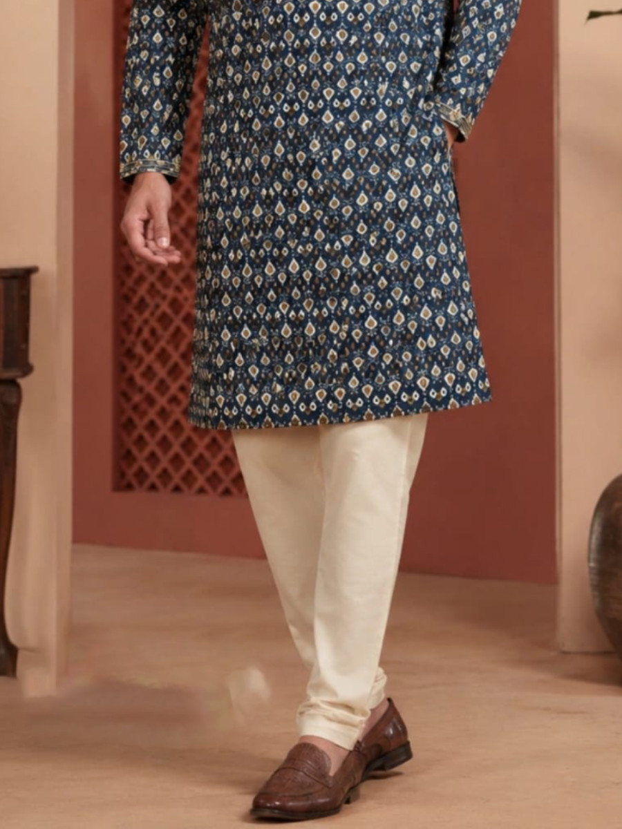 Navy blue Art Silk Embroidery Printed Wedding Party Festival Casual Mens Wear Kurta